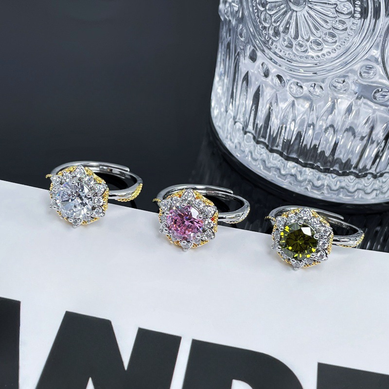 European and American couple colored gemstone, fashionable, light luxury, sweet and cool open ring, feminine charm, two-color, high-end and niche design ring Specification drawing