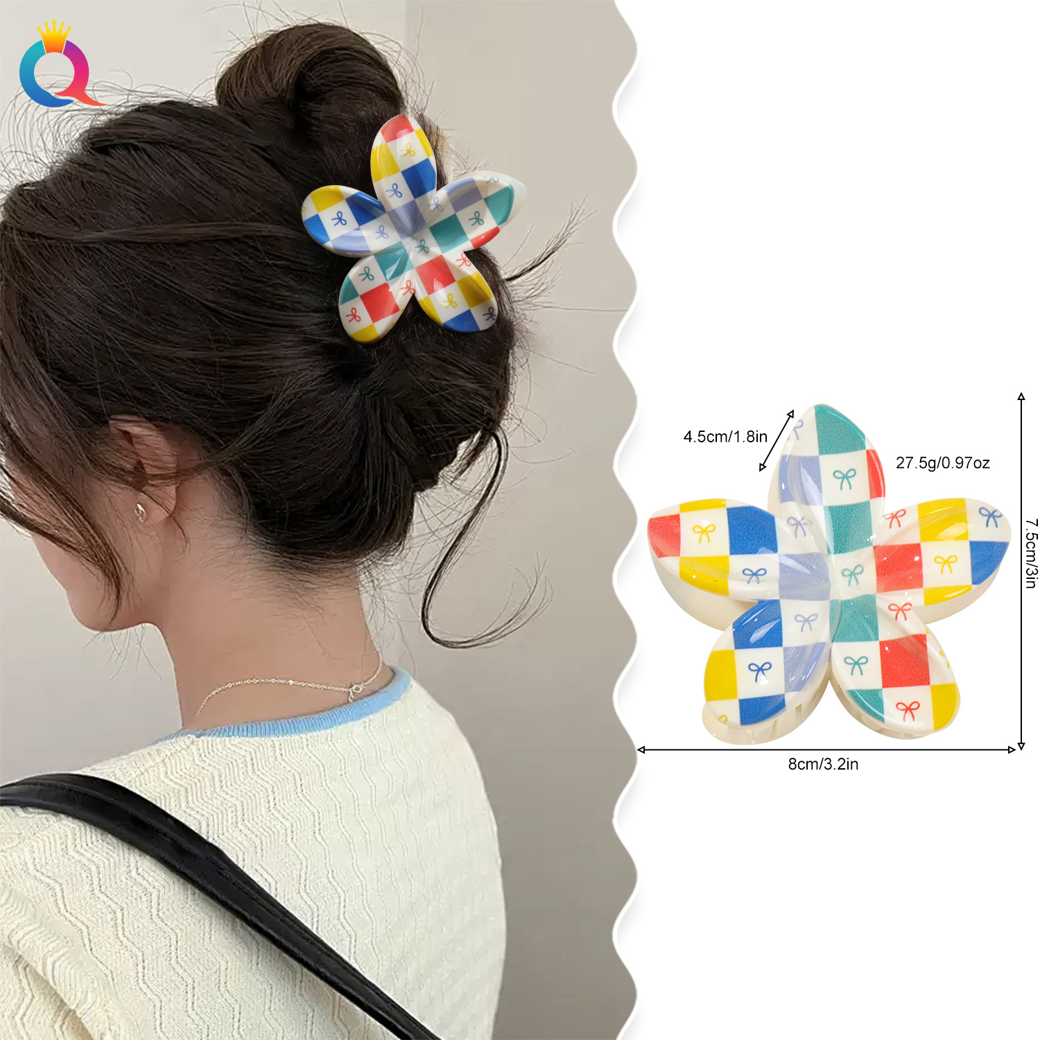 Qiyue Cross-border's new UV-printed color frellia hair clip, flower grab clip, high-end women's hair accessory, side grab shark clip details Picture