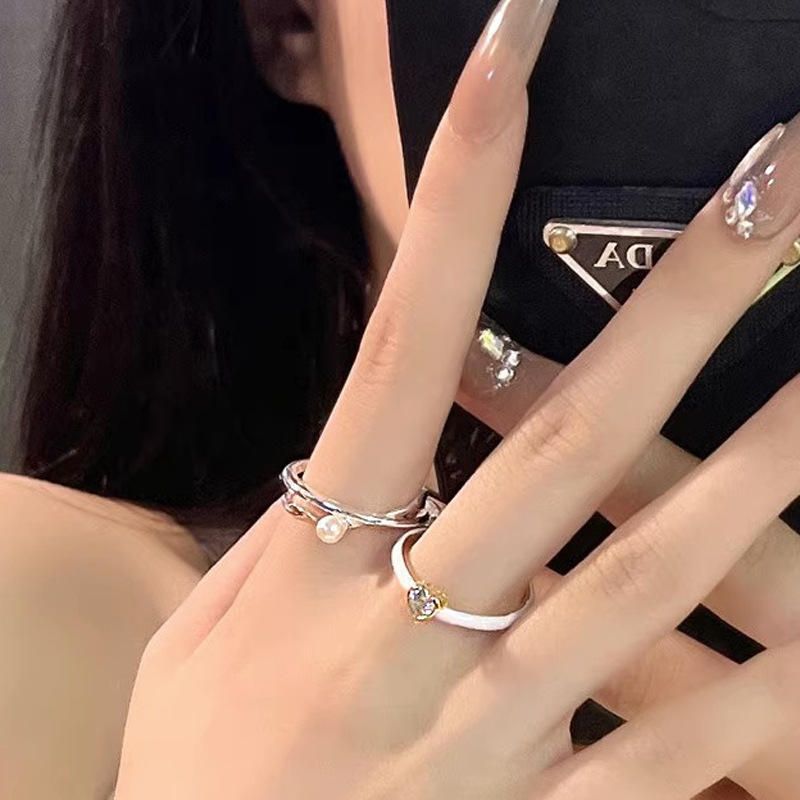 French-style glazed heart-shaped zircon cross-spliced pearl open ring, a fashionable and individual ring with a cold and elegant style for women details Picture