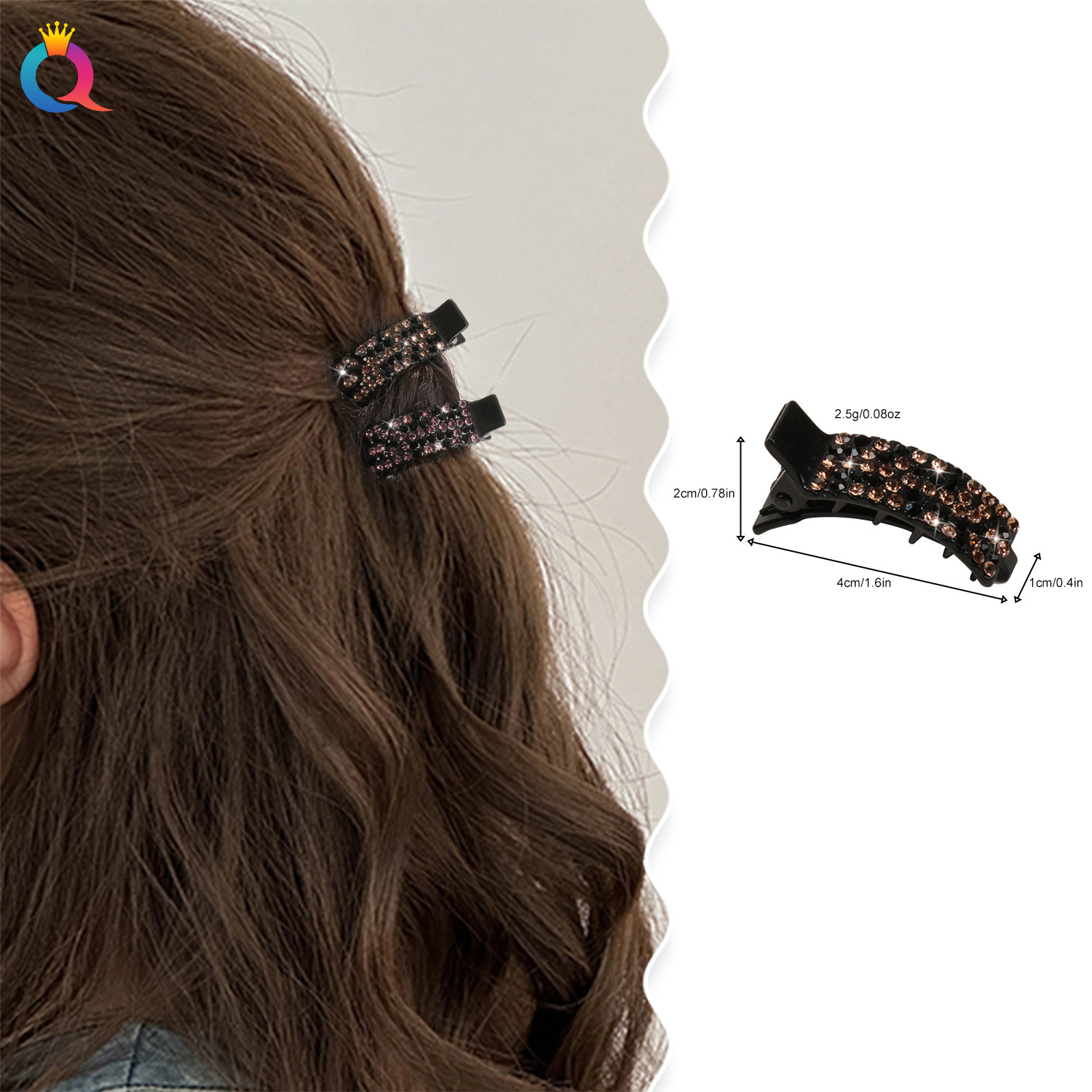 Wholesale of Qiyue colorful water diamond bangs clips for women, high-end side clips, elegant and light luxury ponytail clips, duckbill clips and hair clips Specification drawing