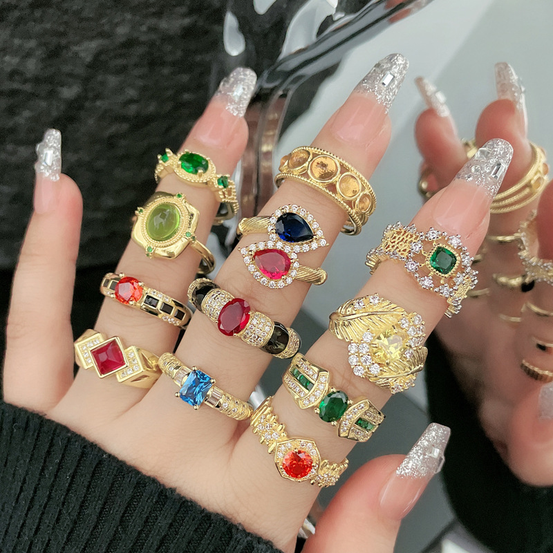 Italian mid-style cross-border light luxury retro colored gemstone zircon ring, women's European and American high-end style adjustable food ring details Picture