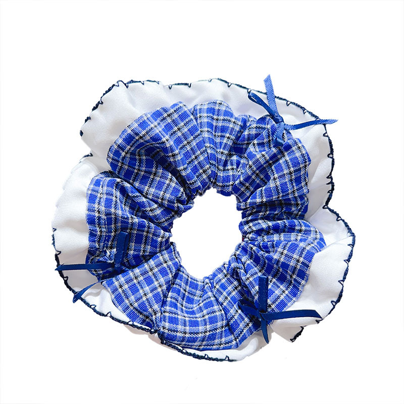 Elegant blue checkered bow tie large intestine hair band, Korean retro hair tie for women, high-end hair tie, hair band and hair accessory Item Picture