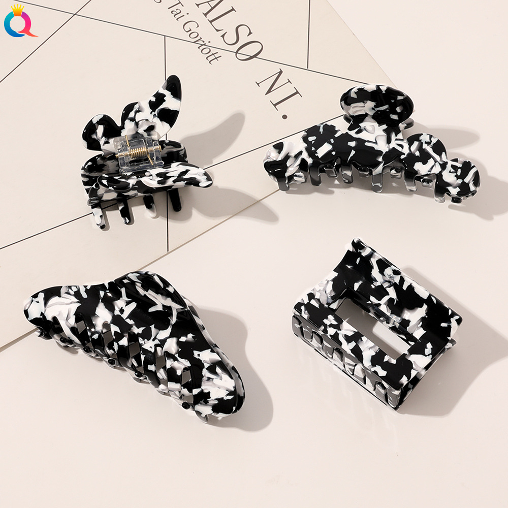 Wholesale of Qiyue Cross-border Korean acetic acid hair clips, hairpins, retro butterfly black and white ponytail hair clips, hairpins and hair accessories full figure