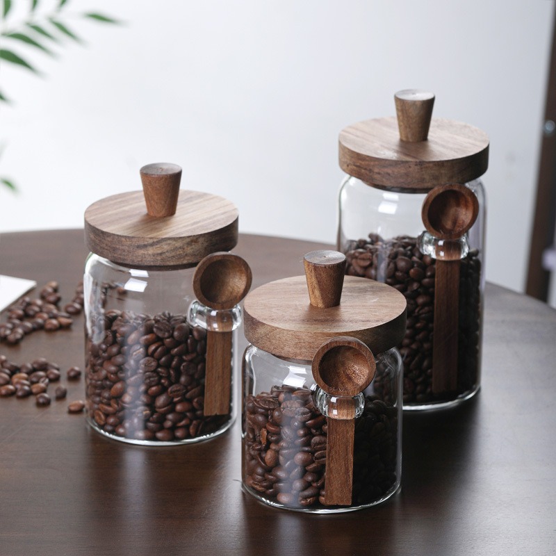 High borosilicate glass jar, acacia wood lid sealed jar, tea jar, kitchen five-grain storage jar, spoon storage jar full figure