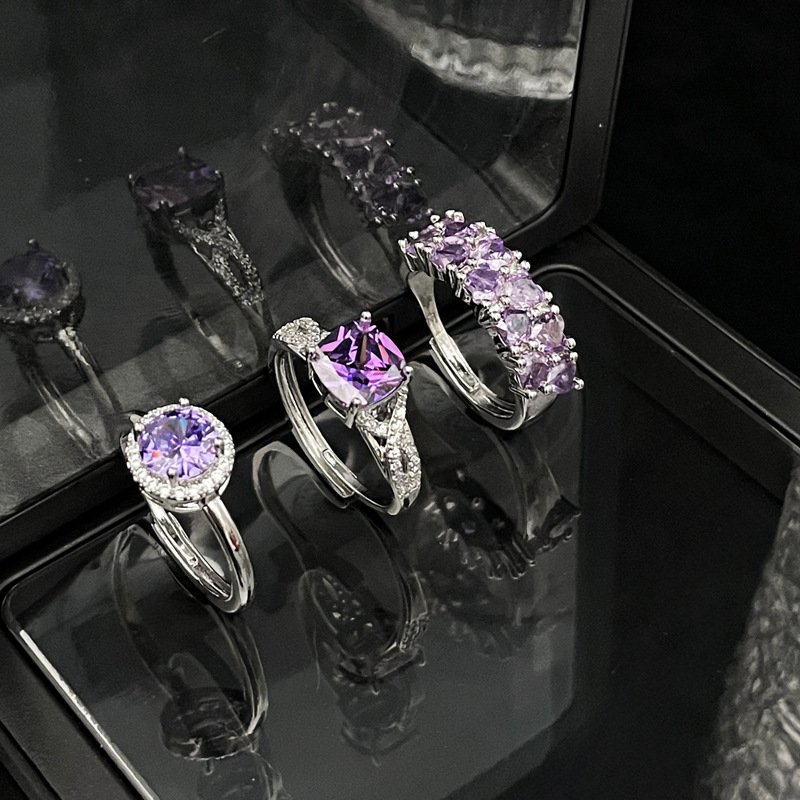 French light luxury sweet and cool purple diamond open ring for women on Instagram, cold style, high-end, exquisite and elegant, versatile ring trend Specification drawing
