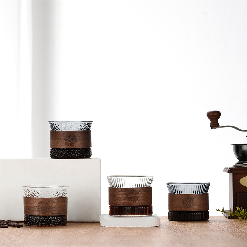 Glass coffee cup, creative small coffee cup, high appearance level coffee set, afternoon tea cup, anti-scald wooden ring, Japanese cup details Picture