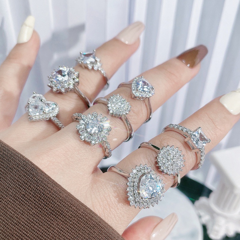 A French light luxury and high-end heart-shaped diamond zirconia open ring for women on Instagram, with a cool style and versatile style Specification drawing