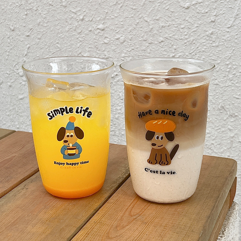 Cartoon and cute Ins-style glass cold brew coffee cups, couple water cups, glass cups, large-capacity drinking cups details Picture