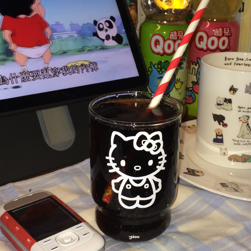 ins high-transparency cartoon kt cat glass cup, cute high borosilicate water cup, girlish milk breakfast cup, coffee cup Specification drawing
