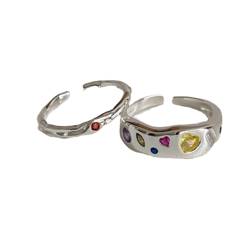 Colorful diamond zircon heart-shaped open ring, a niche design ring with a girlish heart, a light luxury and high-end feel, a unique sweet and cool ring Item Picture