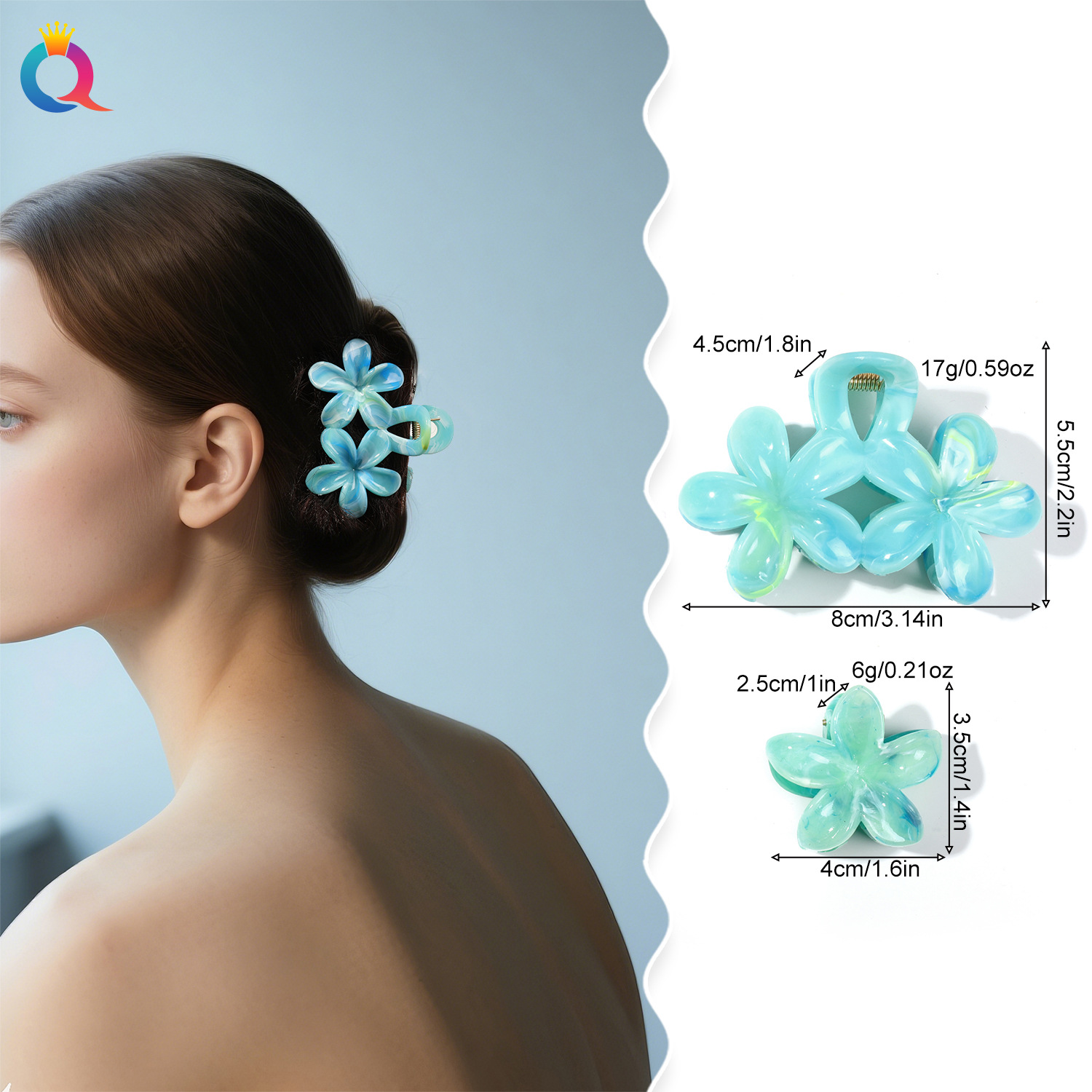 Qiyue Cross-border Best-selling Double-flower frangipani grab clip Set, floral fashion shark clip hair accessory for the back of the head details Picture