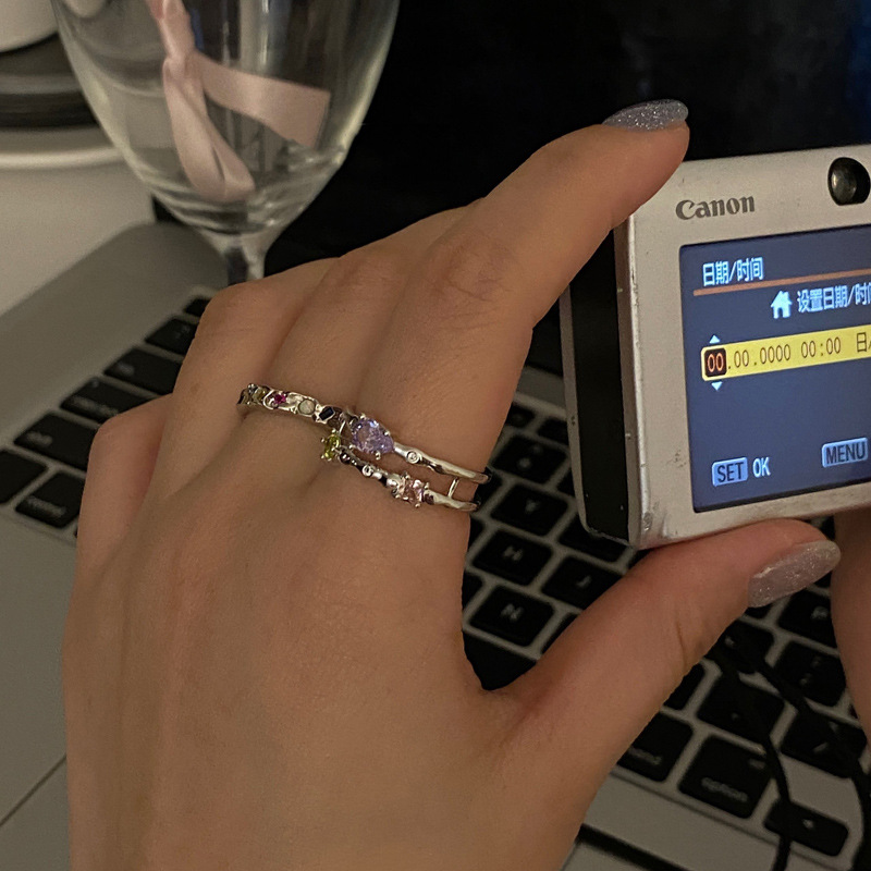 A niche design with a high-end feel, a colorful zircon open ring for women's 2023 new style, a unique and simple food ring that is trendy and cool Specification drawing