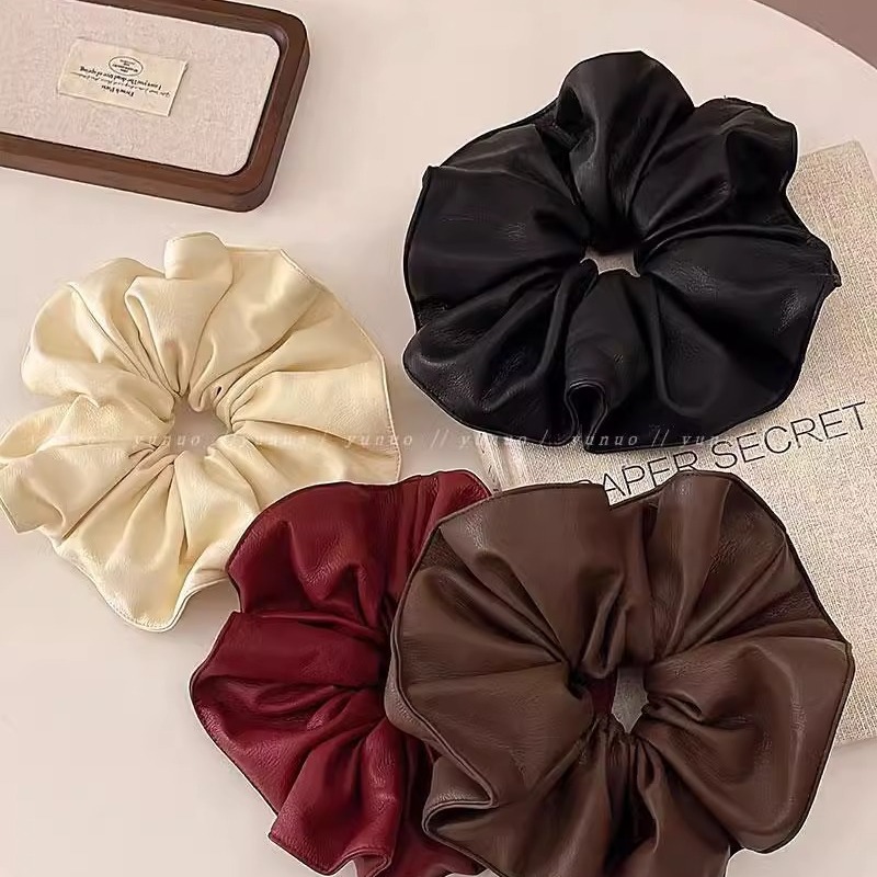 Ankela wine red pu leather hair band for women, large and high-end style hair tie, new hair tie, pleated large intestine band full figure