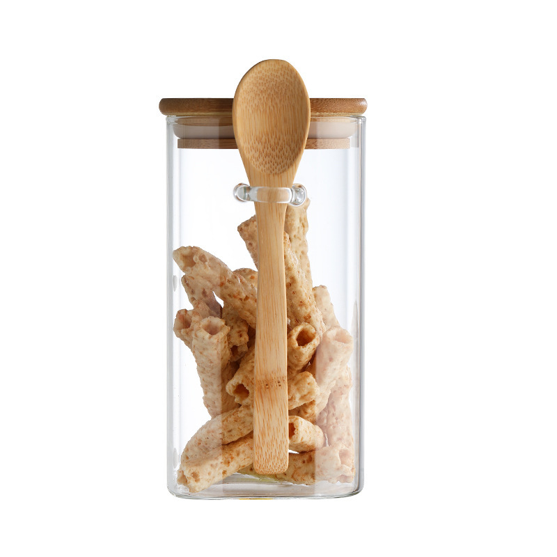 Round storage tank with wooden spoon, household high borosilicate glass sealed storage tank for tea, snacks, grains and cereals Item Picture
