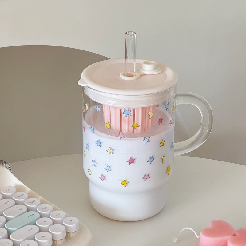 Original star glass straw cup, high borosilicate large-capacity drinking cup, girls' glass cup handle with straw cup full figure