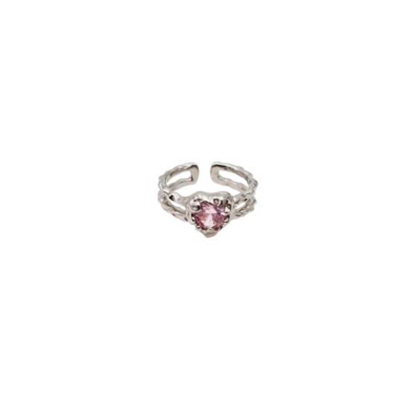 Irregular heart-shaped pink diamond zircon open ring for women, a niche Instagram cool style, individual and fashionable food ring Item Picture