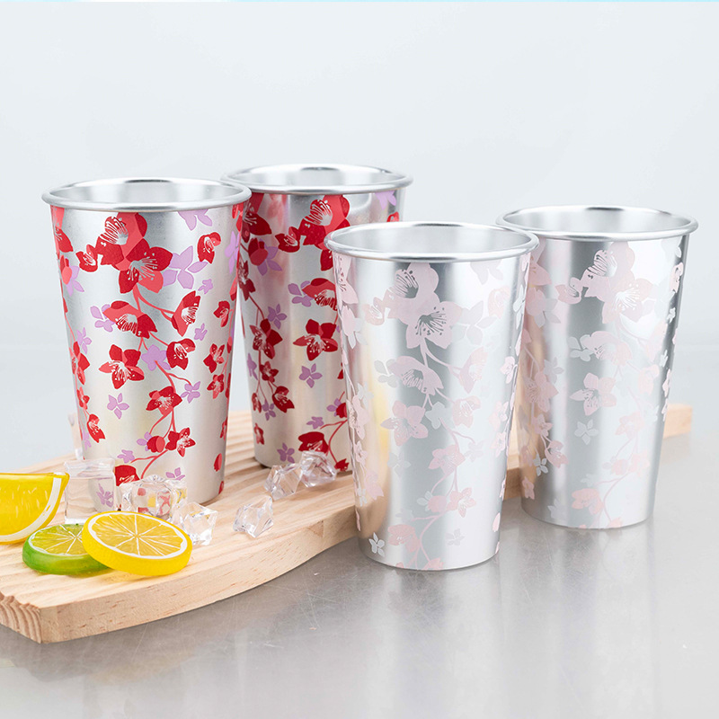Creative cherry blossom color-changing aluminum cup, temperature-sensitive rolled edge cold drink cup, outdoor camping aluminum single-layer color-changing cup details Picture
