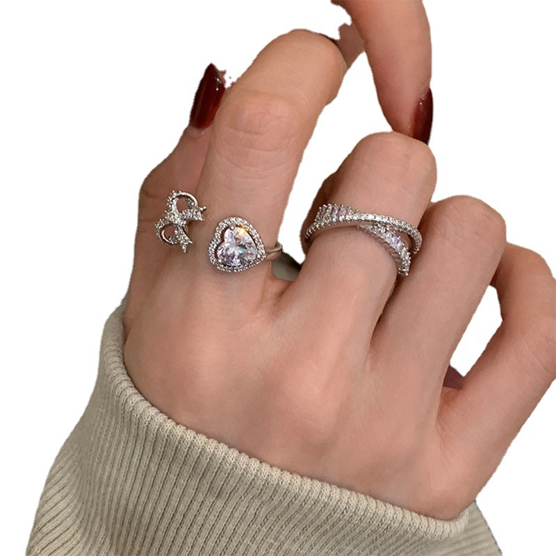 ins cold and cool style, niche design, high-end zircon open ring, women's light luxury ring, layered wear, elegant index finger ring Item Picture