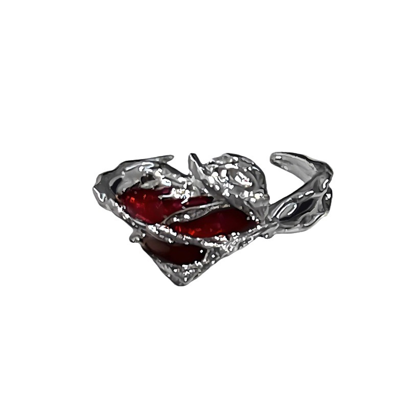 Irregular thorny red glazed heart-shaped opening ring, a unique and fashionable female hip-hop design ring with a distinctive style Item Picture
