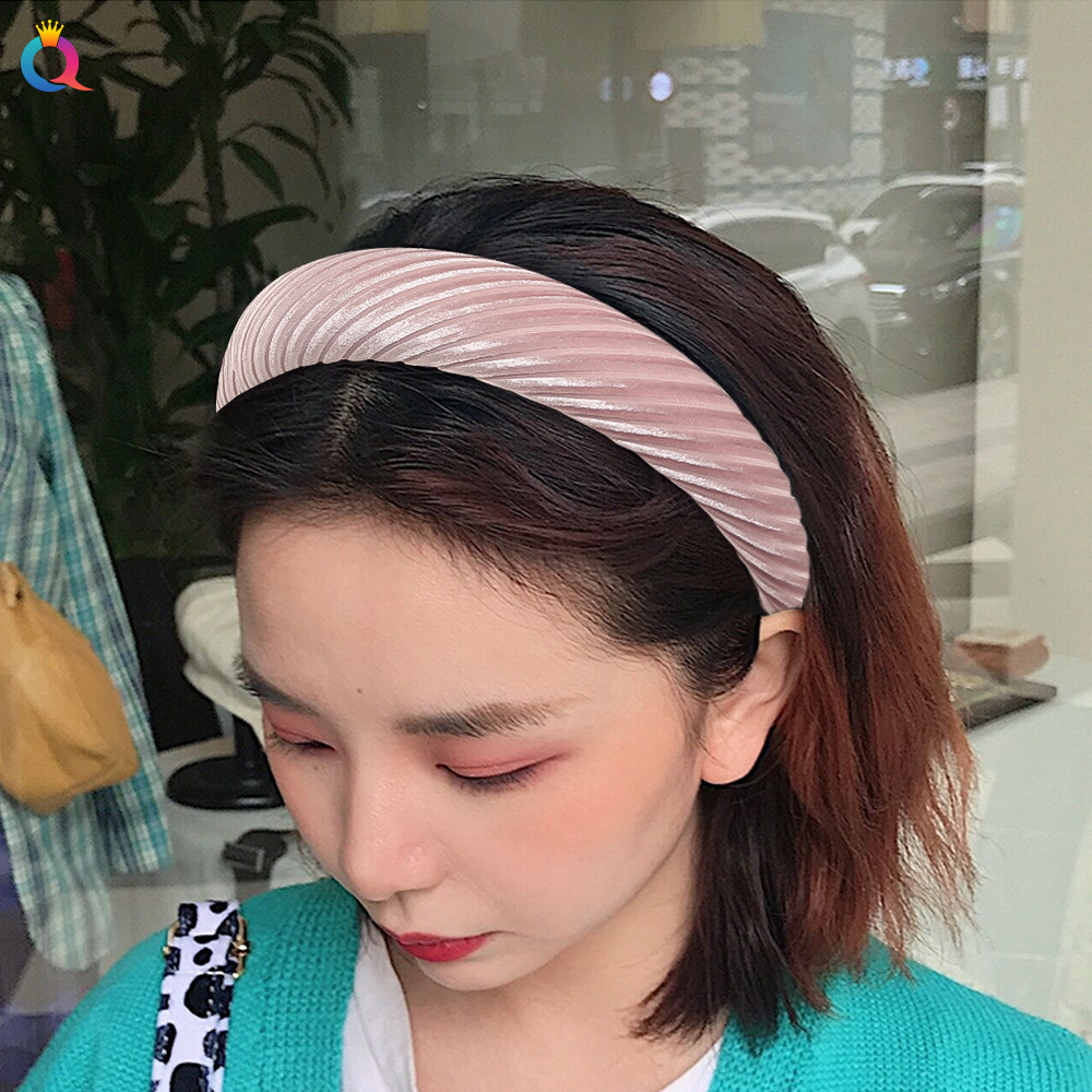 Qiyue Cross-border Sponge Hairband for Women, solid color, wide edge, striped and wrinkled headband, hairpin headwear B144 Specification drawing