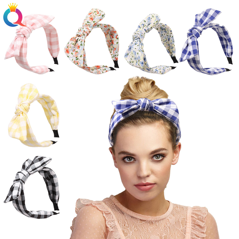 Qiyue Cross-border Amazon Bow check hair band, wide edge press hair band, elegant knot hair clip and hair accessory wholesale full figure