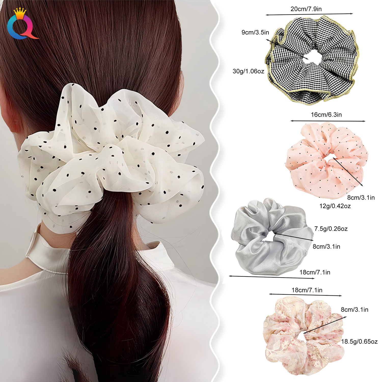 Qiyue's new oversized fabric large intestine hair band, retro starry sky embossed diamond gauze low ponytail hair band, hair accessory details Picture