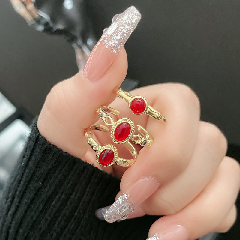 New Chinese-style retro bamboo joint red stone open ring for women, simple and fashionable, with a cold style and a high-end feel on Instagram full figure