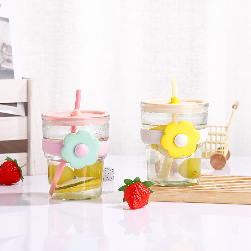 New glass straw cup, ins double-drink coffee cup, advertising souvenir gift water cup, high appearance level bamboo joint flower cup Specification drawing