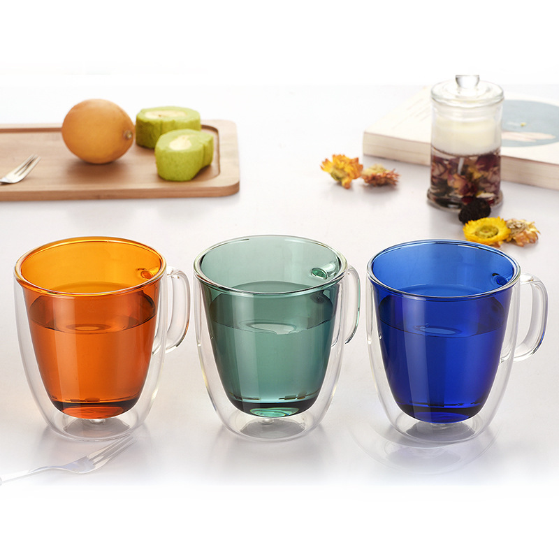 Wholesale cups with handles, creative colored water cups, high borosilicate glass double-layer coffee cups, and simple household mugs details Picture