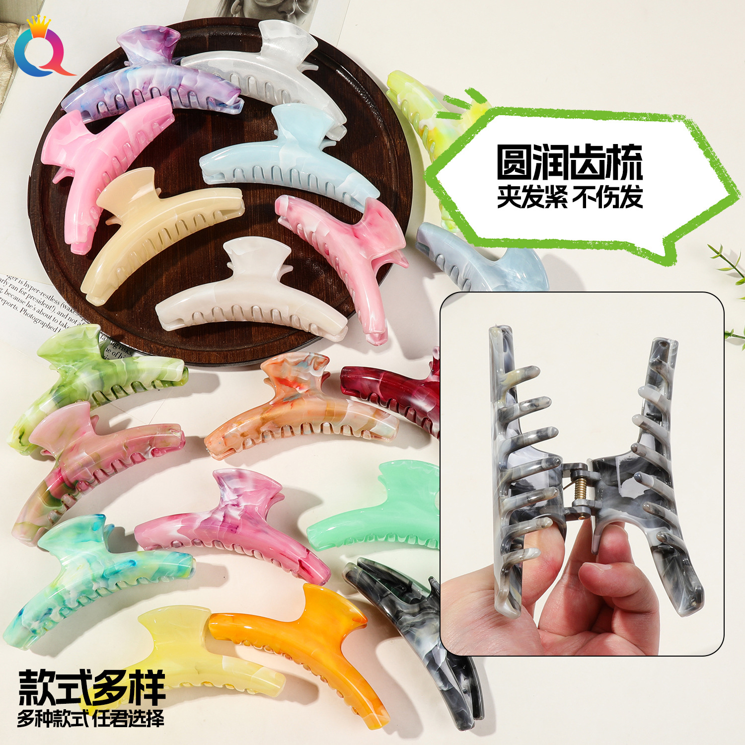 Qiyue Cross-border's new Korean-style curved hairpin, a high-end large-sized hairpin tray with a shark clip at the back of the head Specification drawing