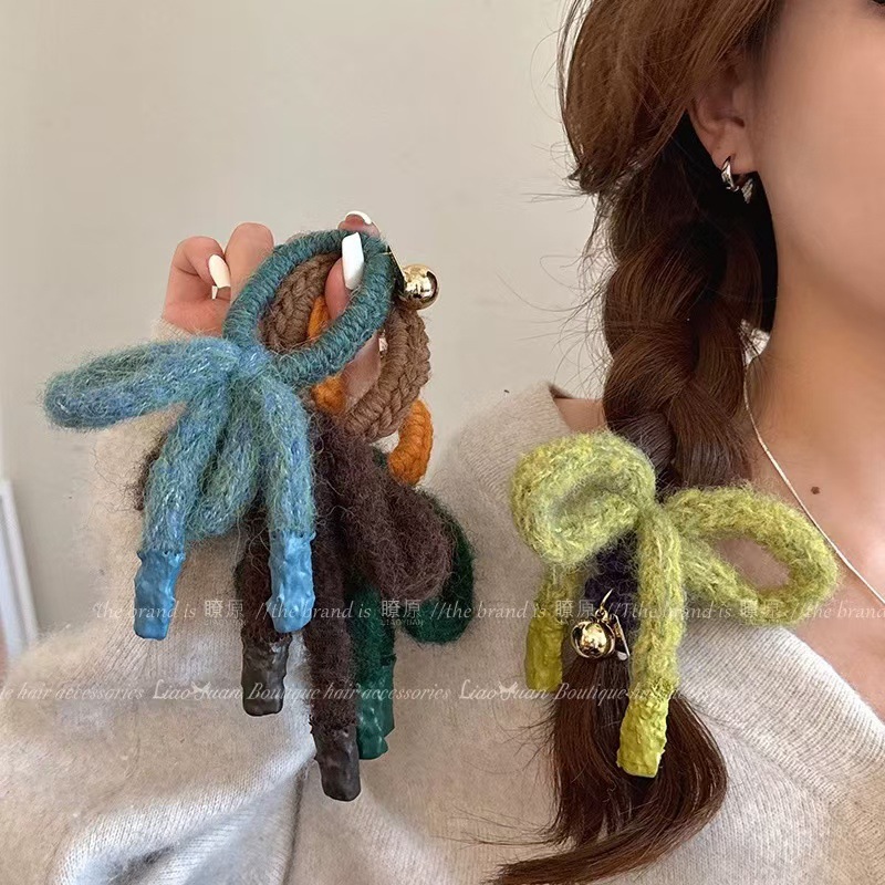 Korean cute bow headwear, spring and summer woolen hair bands, simple hair ties, new high-end hair tie rubber bands for women wholesale Specification drawing