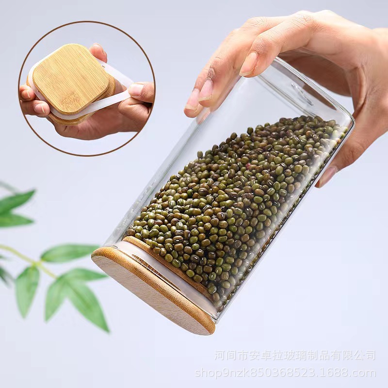 Factory direct supply glass storage jars, square kitchen five-grain storage jars, bamboo and wood LIDS, sealed tea jars Application Scenario