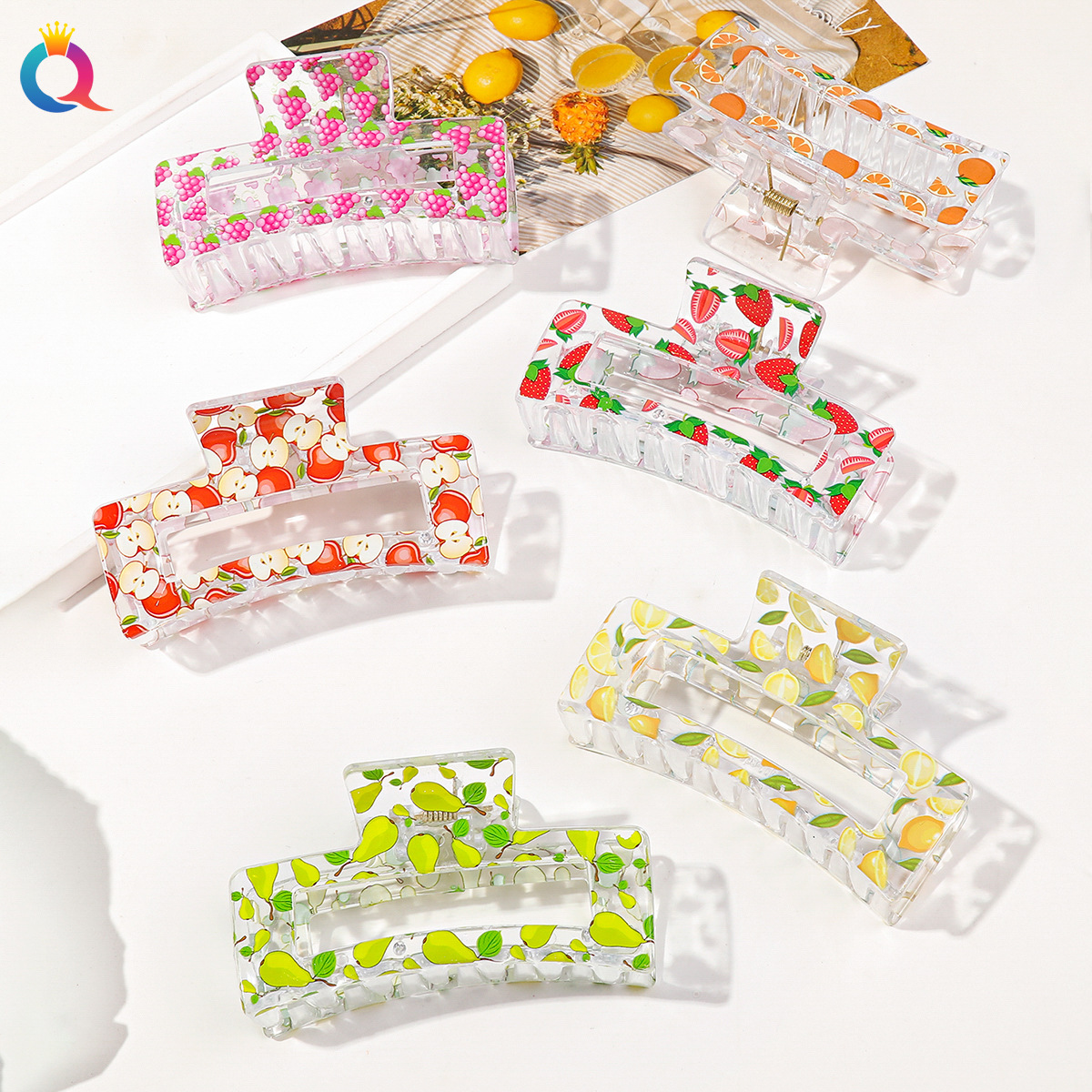 Qiyue Cross-border printed hair clips, floral curls, hair grabbers, cute shark clips, summer high-end hair accessories wholesale full figure