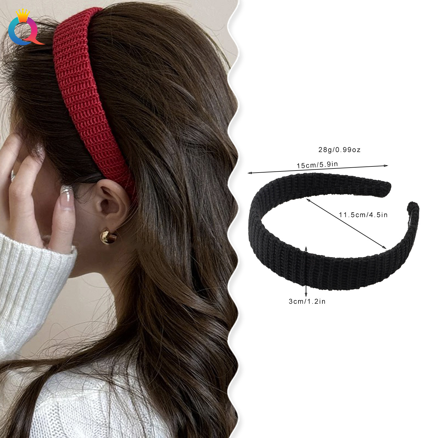 Qiyue Cross-border Knitted woolen striped hair band, simple high top of the head, face-washing for women with long hair, hair hole headband and hair accessory wholesale details Picture