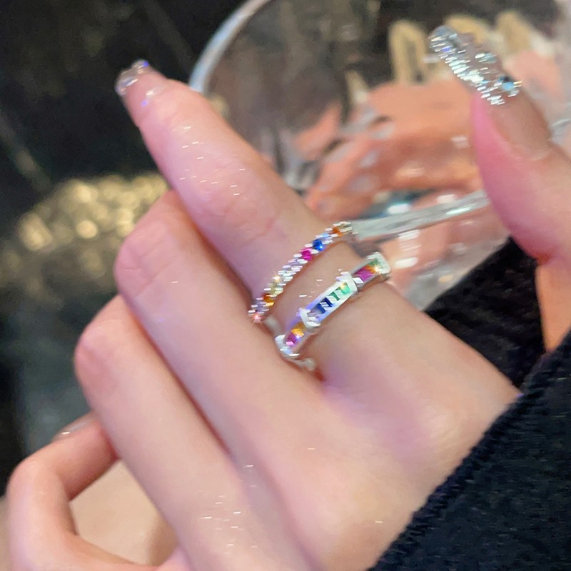 Sweet and cool rainbow Zircon ring, a niche design for women with a high-end feel, a light luxury index finger ring with an adjustable opening, a new type of ring Application Scenario