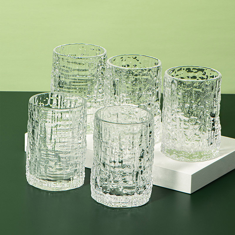 Gold-rimmed Ins-style bark-patterned glass water cups for women, simple and fresh forest-themed juice cups, milk cups, spirits and beer mugs details Picture