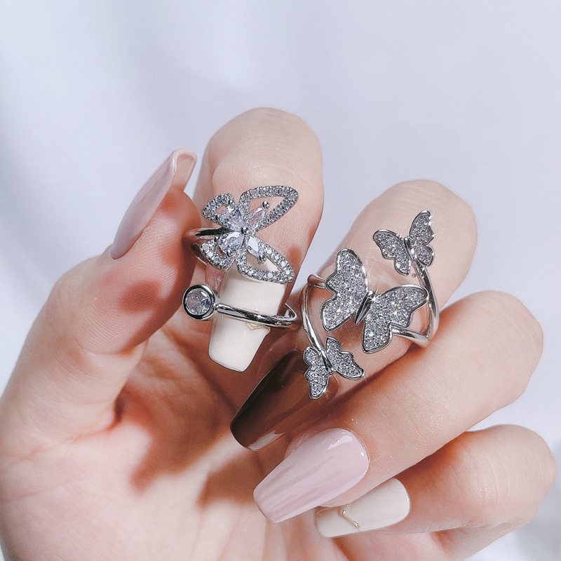 A light luxury and high-end butterfly full diamond zircon fashionable open ring, a simple and individual sweet and cool cold style index finger ring for women details Picture
