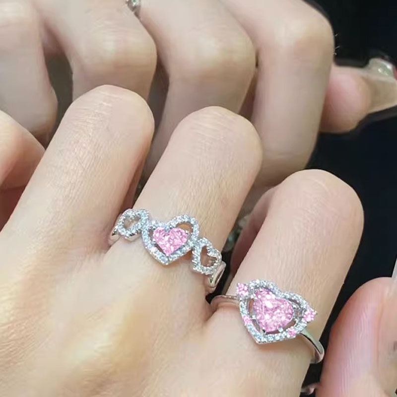 New sweet and cute girl pink diamond ring for women, light luxury, unique adjustable, fashionable and individual, versatile open ring details Picture