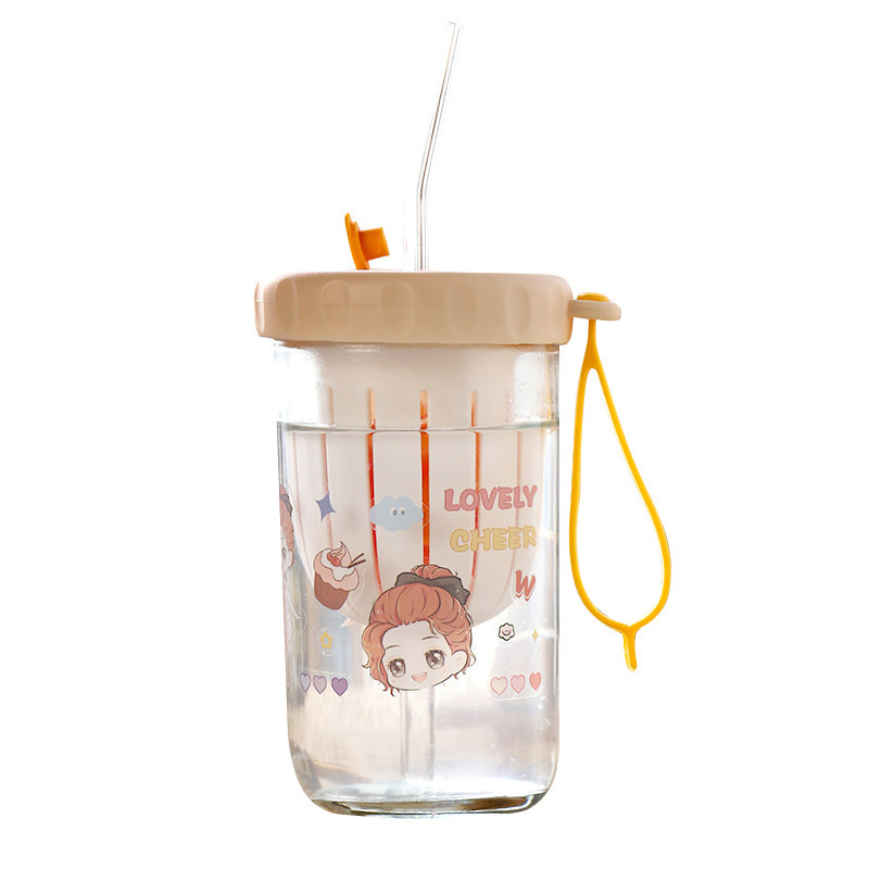 Large-capacity cold brew tea glass cup with cup sleeve, heat-insulating office water cup, carrying rope, portable cartoon double-drinking straw cup Item Picture