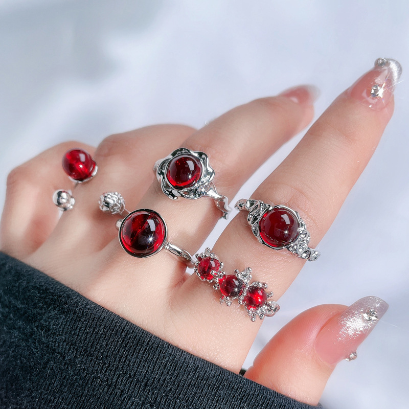 New irregularity texture open ring for women, red stone, sweet and cool personality, versatile index finger ring, cold style ring full figure