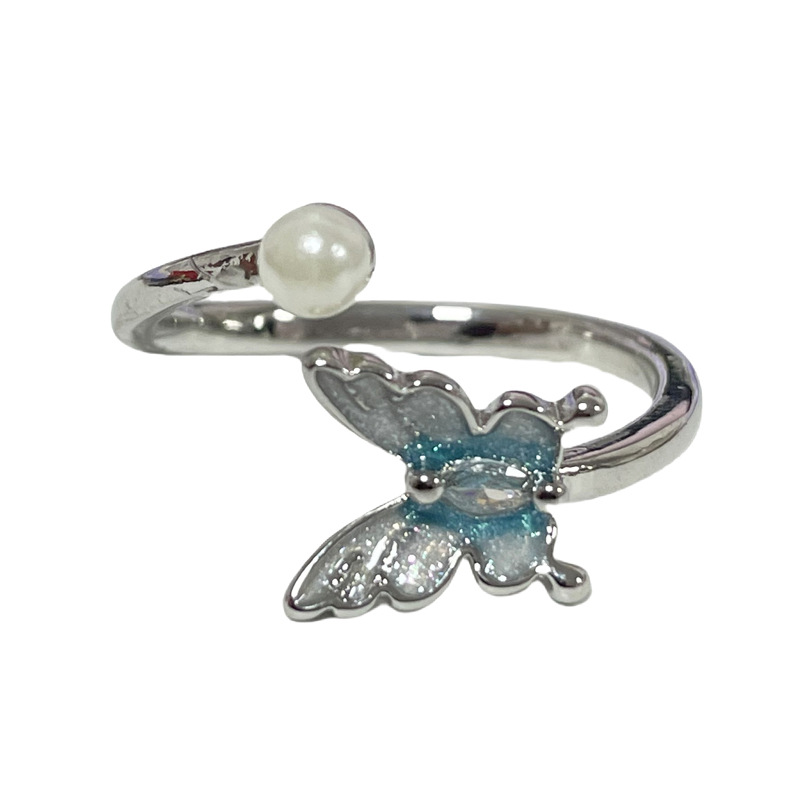 ins Cold style ice blue butterfly opening ring for female students, unique rabbit fashionable and elegant ring Item Picture