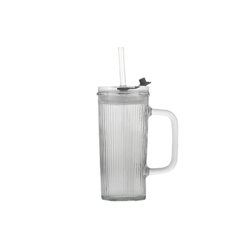 Simple and fashionable glass water cup with handle, vertical striped square glass water cup, straw cup, milk tea cup and beverage cup Item Picture
