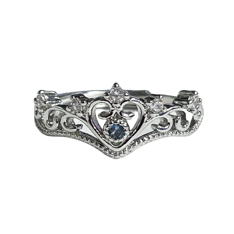 【 Diamond Secret 】 Exquisitely stacked sea blue zircon crown open ring, women's hollowed-out set ring, couple rings Item Picture