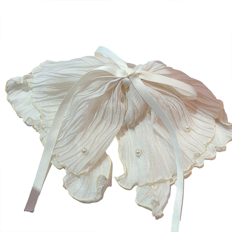 Korean sea salt blue daily mesh silk ribbon bow ponytail grab with pearl embellishment, high skull top fixed hairpin for a woman Item Picture