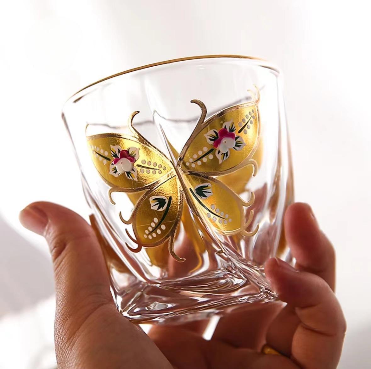 High-end light luxury crystal glass butterfly cup, gilded enamel flower whisky cup, Western-style wine cup, retro cold drink water cup details Picture