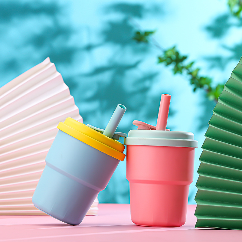 Household drinking water, soup, milk cups, colorful anti-drop baby water cups, children's silicone straw cups, baby learning to drink cups Specification drawing