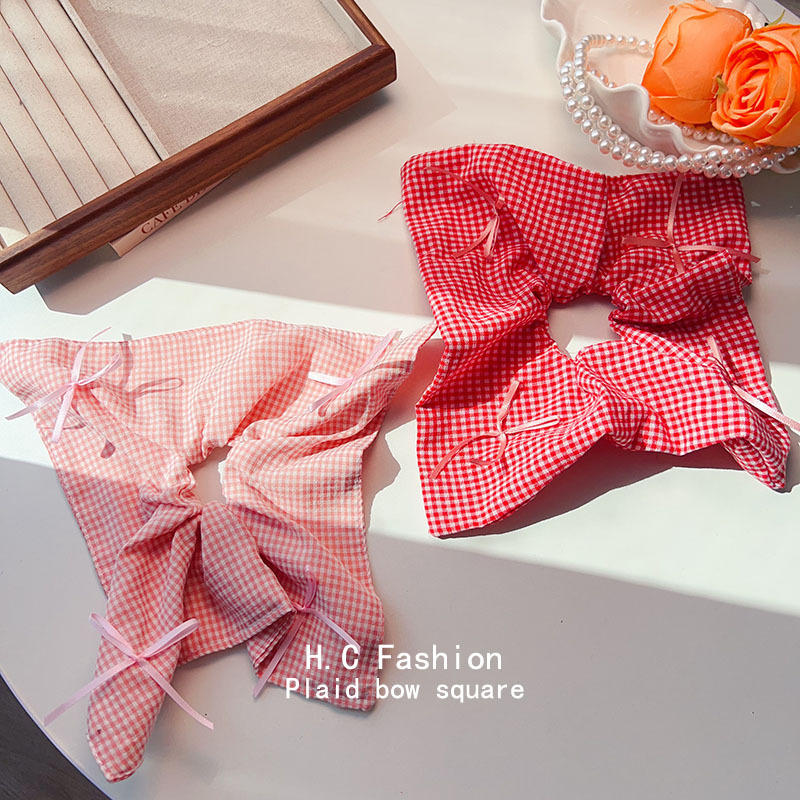 Sweet and cute checkered bow large intestine hair band, niche design sense, elegant Korean-style ponytail leather band, versatile hair tie Specification drawing