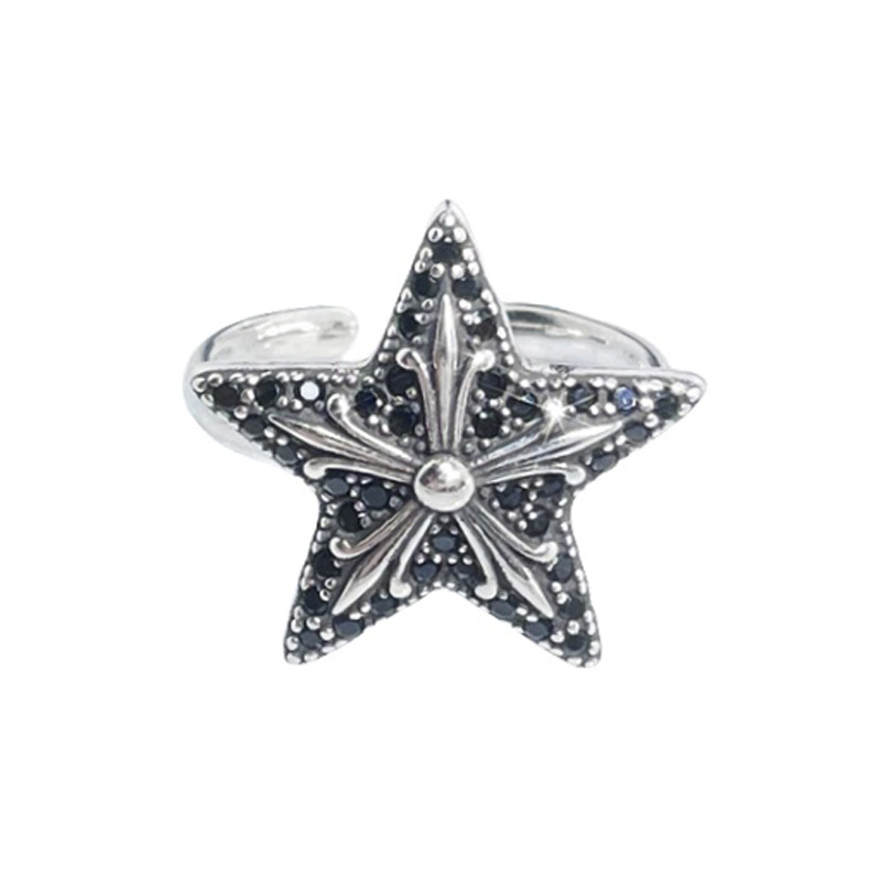 European and American niche design star cross flower retro open ring, rose androgynous style punk personality vintage ring Item Picture