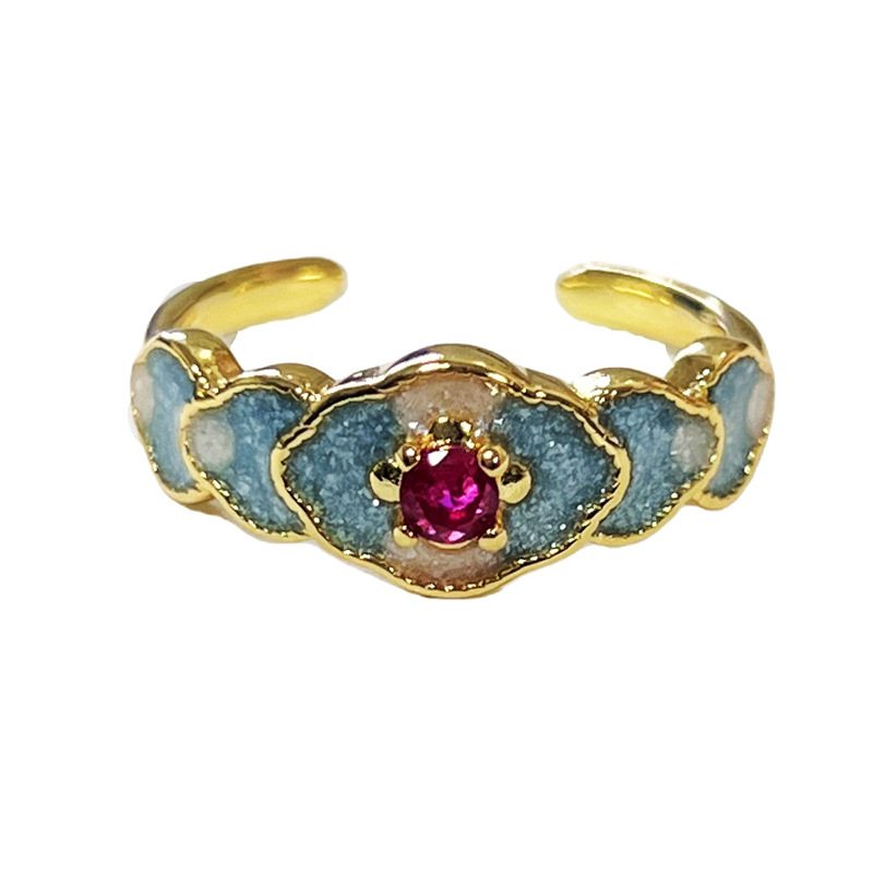 A popular Chinese-style blue lace enamel ring on Xiaohongshu, featuring a light luxury, fashionable and high-end look, is a sophisticated index finger ring for women Item Picture