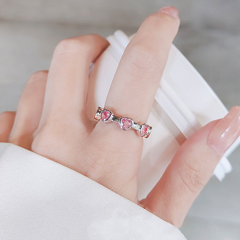 Sweet and cool, cold style, unique pink diamond, heart-shaped zircon open ring, a women's niche, ins, light luxury and high-end food ring details Picture